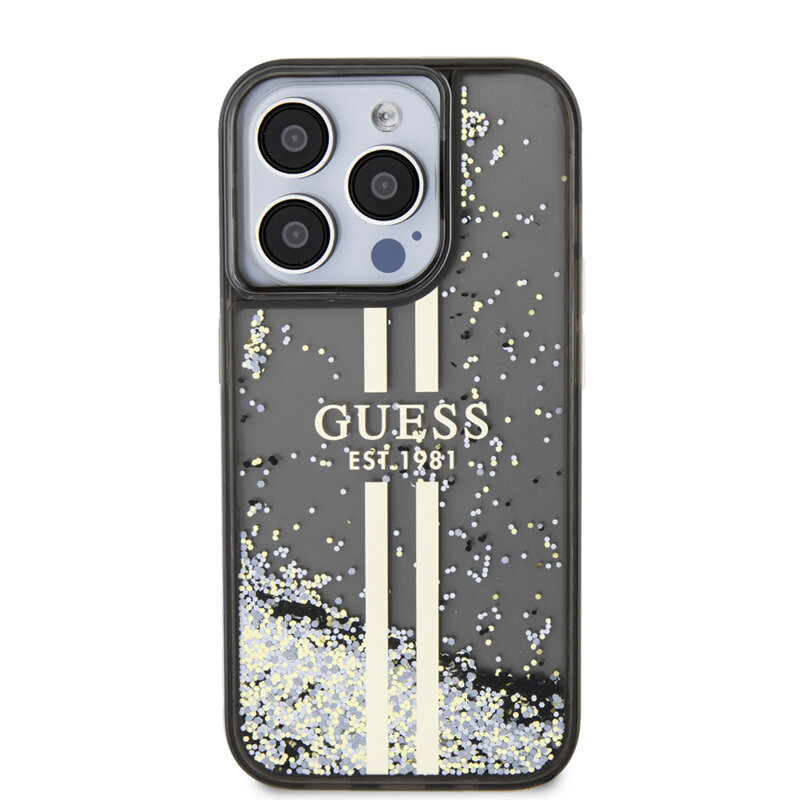 Husa Guess Liquid Glitter Gold Stripes iPhone 15 Pro Max cu sclipici, negru, GUHCP15XLFCSEGK