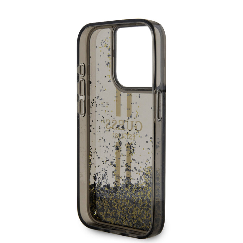 Husa Guess Liquid Glitter Gold Stripes iPhone 15 Pro Max cu sclipici, negru, GUHCP15XLFCSEGK