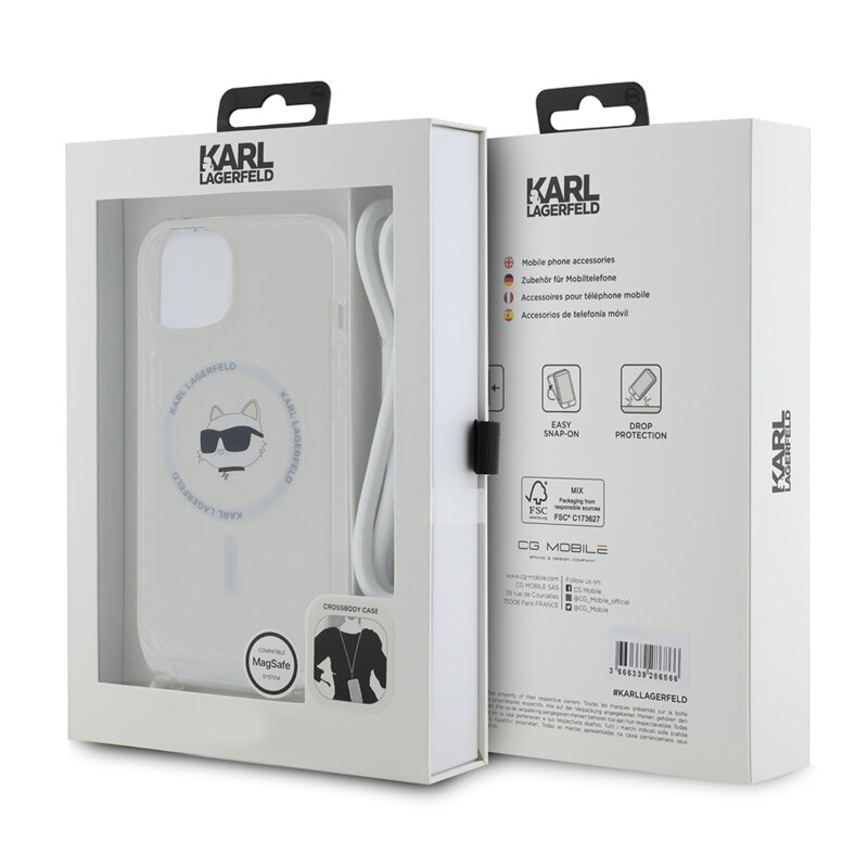 Husa iPhone 15 Karl Lagerfeld IML Crossbody MagSafe, Choupette Head&Cord, clear, KLHMP15SHCCHNT