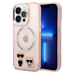 Husa iPhone 14 Pro Max Karl Lagerfeld Hardcase MagSafe, Karl & Choupette Aluminium, roz, KLHMP14XHKCP