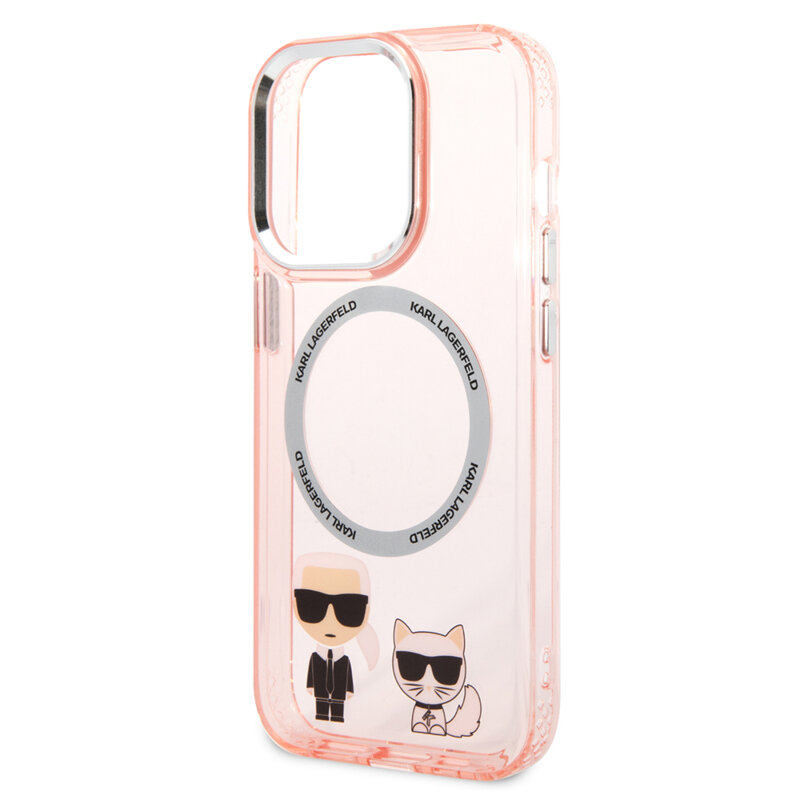 Husa iPhone 14 Pro Max Karl Lagerfeld Hardcase MagSafe, Karl & Choupette Aluminium, roz, KLHMP14XHKCP