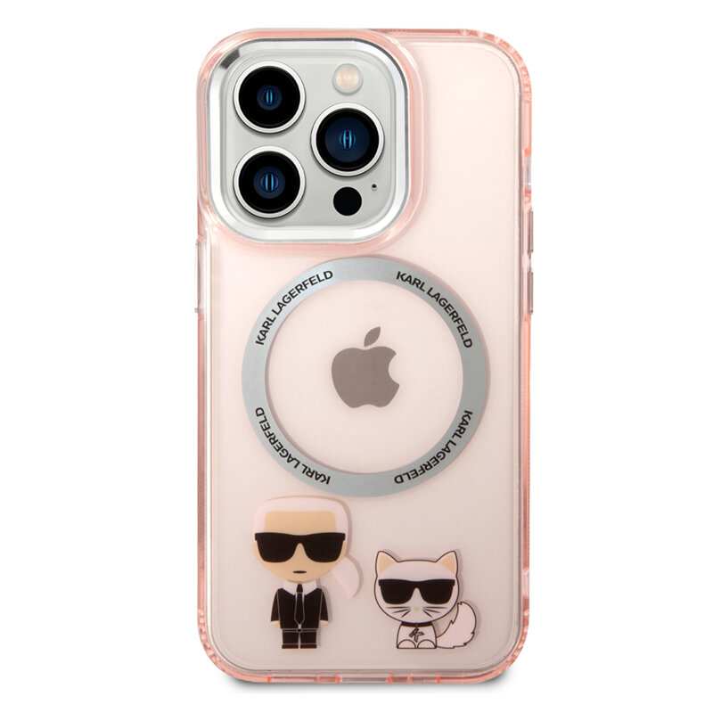 Husa iPhone 14 Pro Max Karl Lagerfeld Hardcase MagSafe, Karl & Choupette Aluminium, roz, KLHMP14XHKCP