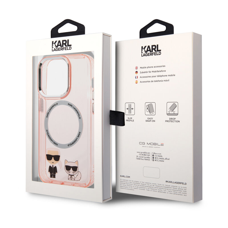 Husa iPhone 14 Pro Max Karl Lagerfeld Hardcase MagSafe, Karl & Choupette Aluminium, roz, KLHMP14XHKCP