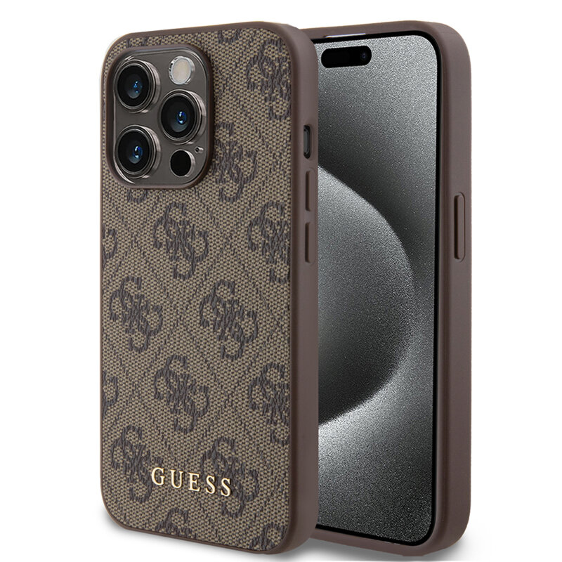 Husa originala Guess iPhone 15 Pro Hardcase 4G Metal Gold Logo, maro, GUHCP15LG4GFBR