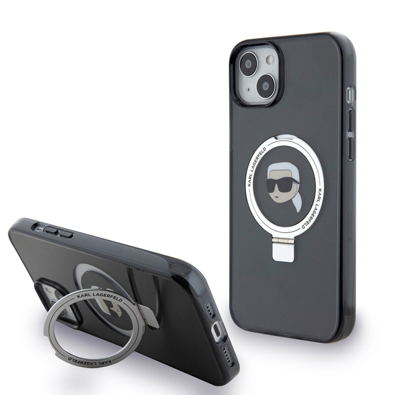 Husa iPhone 15 Plus Karl Lagerfeld Hardcase Ring Stand MagSafe, Karl Head, negru, KLHMP15MHMRSKHK