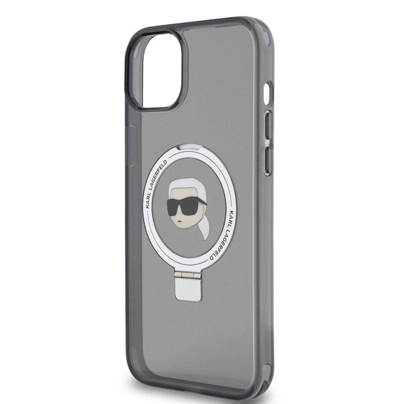 Husa iPhone 15 Plus Karl Lagerfeld Hardcase Ring Stand MagSafe, Karl Head, negru, KLHMP15MHMRSKHK