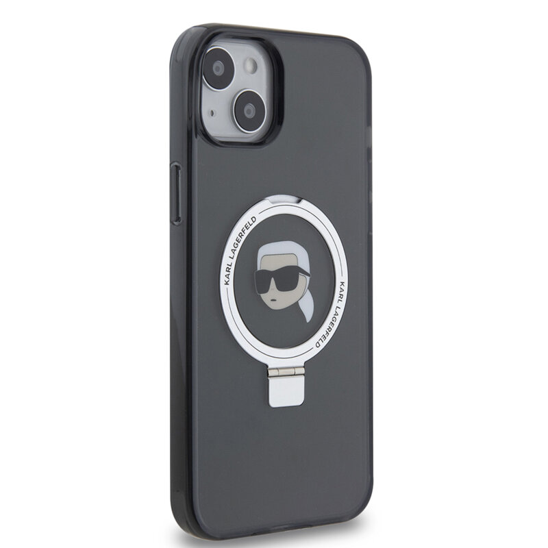 Husa iPhone 15 Plus Karl Lagerfeld Hardcase Ring Stand MagSafe, Karl Head, negru, KLHMP15MHMRSKHK