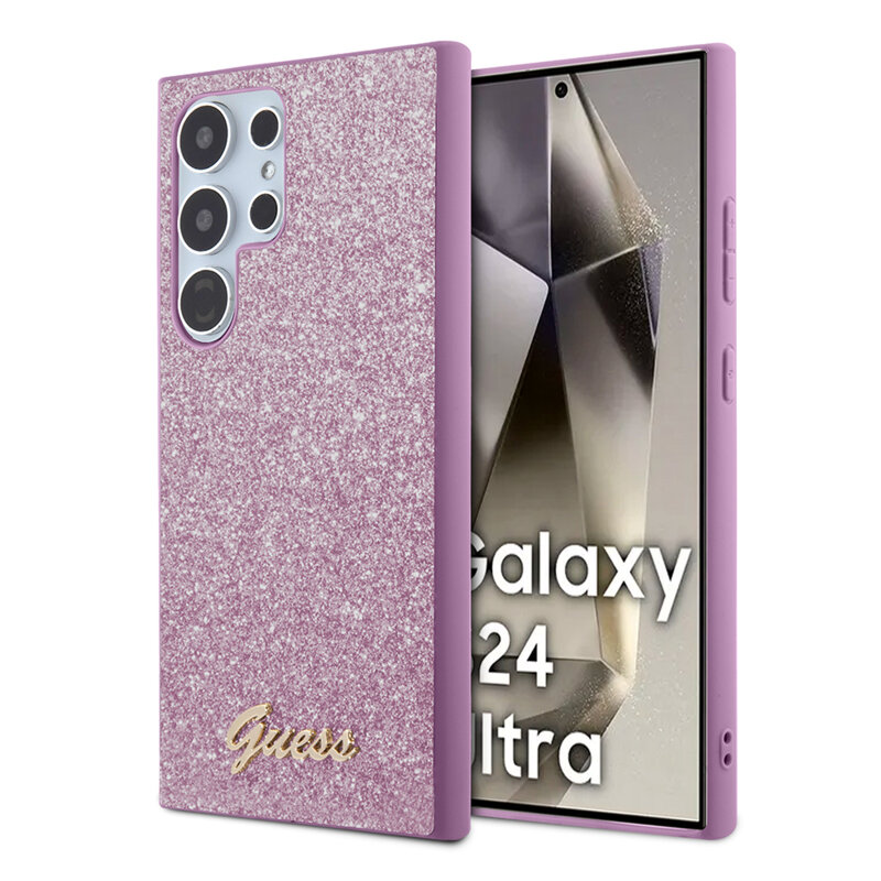 Husa Guess Glitter Script Samsung Galaxy S24 Ultra cu sclipici, mov, GUHCS24LHGGSHU