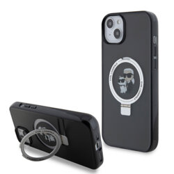 Husa iPhone 15 Plus Karl Lagerfeld Hardcase Ring Stand MagSafe, Karl&Choupette, negru, KLHMP15MHMRSKCK