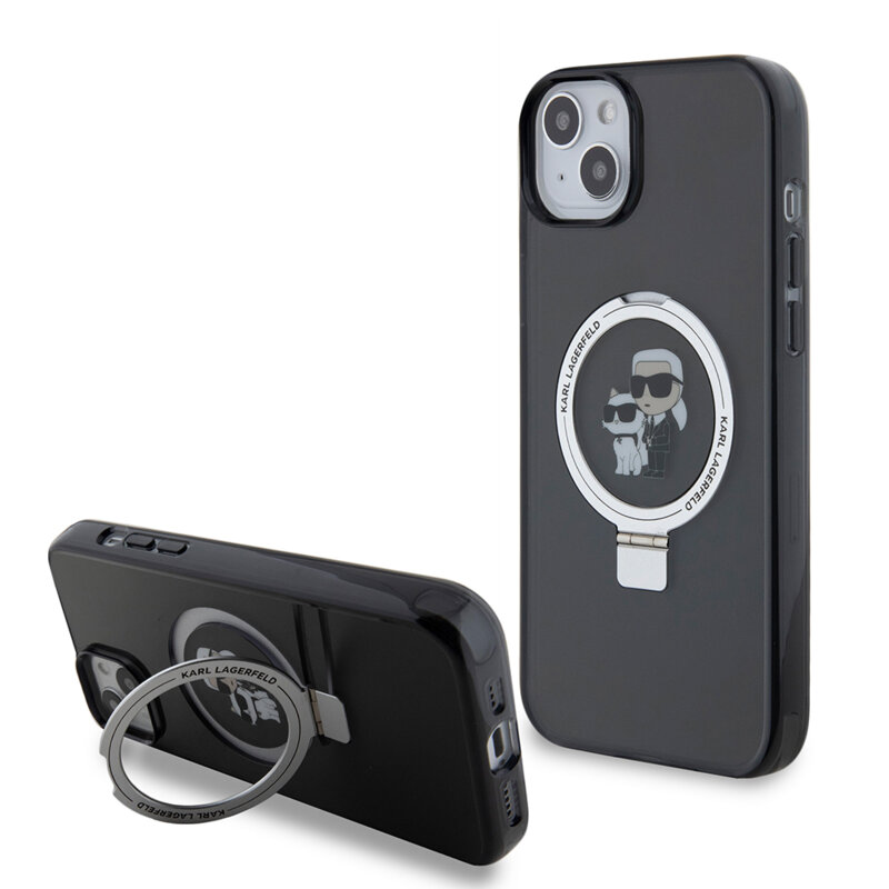 Husa iPhone 15 Plus Karl Lagerfeld Hardcase Ring Stand MagSafe, Karl&Choupette, negru, KLHMP15MHMRSKCK