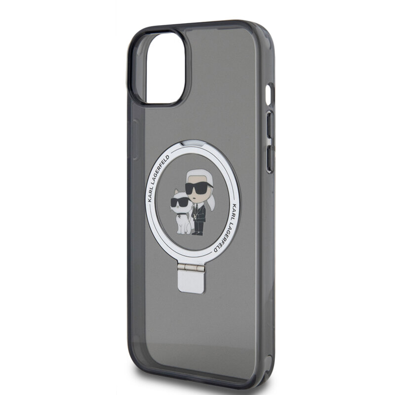 Husa iPhone 15 Plus Karl Lagerfeld Hardcase Ring Stand MagSafe, Karl&Choupette, negru, KLHMP15MHMRSKCK
