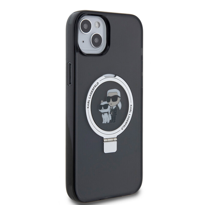 Husa iPhone 15 Plus Karl Lagerfeld Hardcase Ring Stand MagSafe, Karl&Choupette, negru, KLHMP15MHMRSKCK