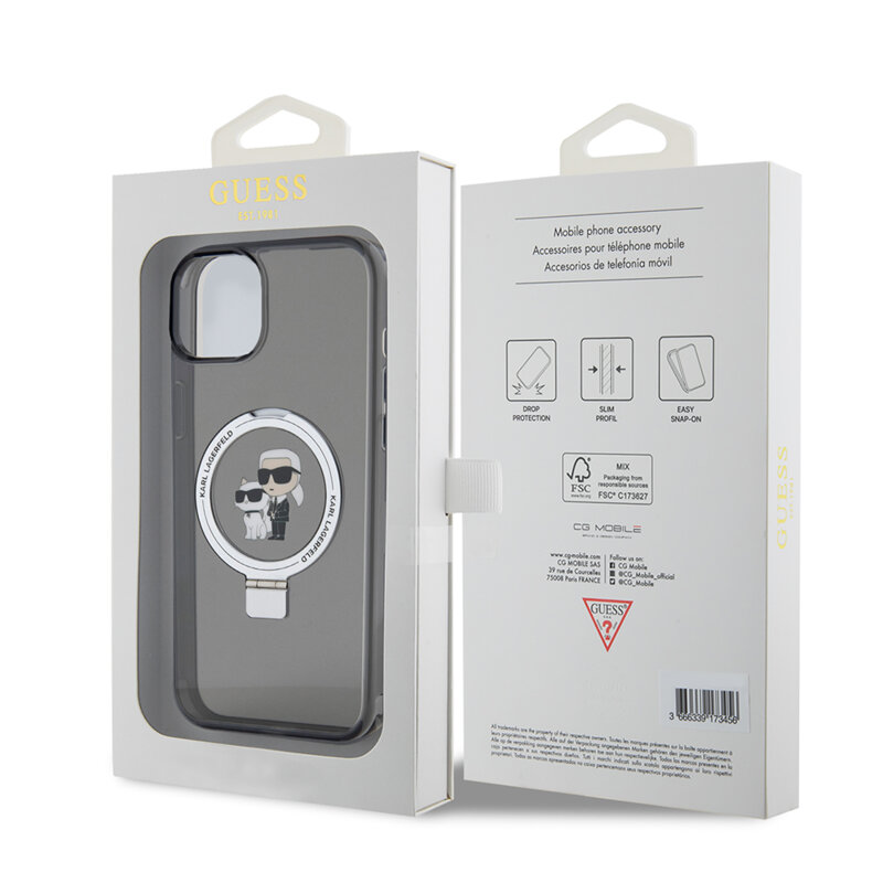 Husa iPhone 15 Plus Karl Lagerfeld Hardcase Ring Stand MagSafe, Karl&Choupette, negru, KLHMP15MHMRSKCK