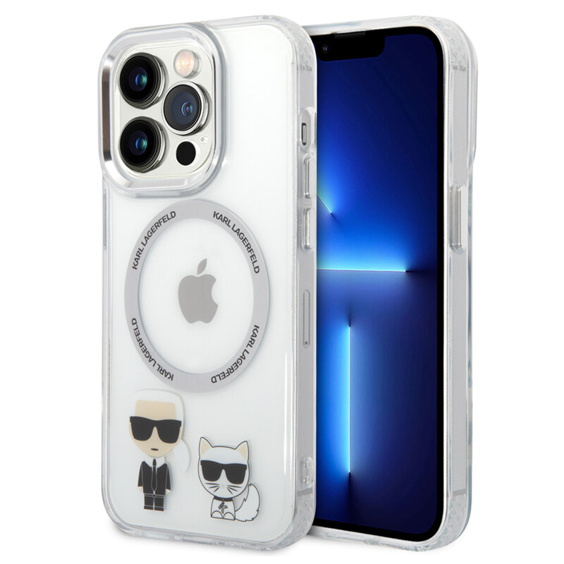 Husa iPhone 14 Pro Max Karl Lagerfeld Hardcase MagSafe, Karl & Choupette Aluminium, transparent, KLHMP14XHKCT