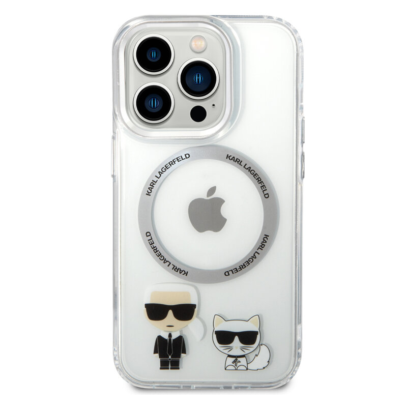 Husa iPhone 14 Pro Max Karl Lagerfeld Hardcase MagSafe, Karl & Choupette Aluminium, transparent, KLHMP14XHKCT