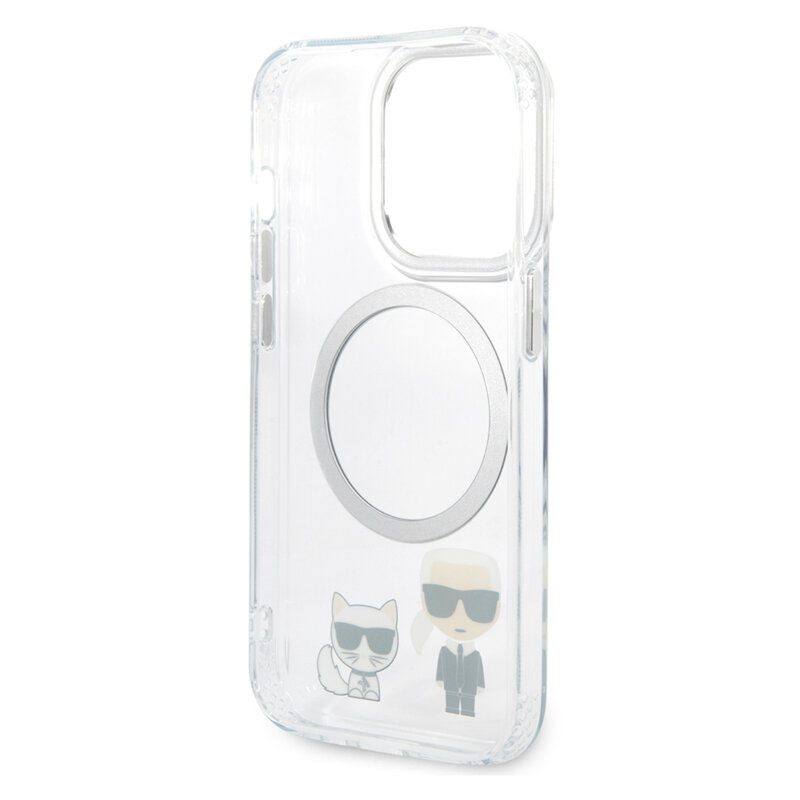 Husa iPhone 14 Pro Max Karl Lagerfeld Hardcase MagSafe, Karl & Choupette Aluminium, transparent, KLHMP14XHKCT