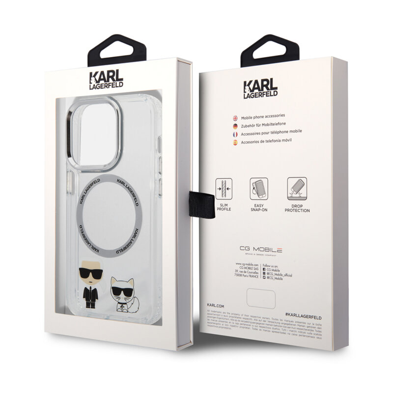 Husa iPhone 14 Pro Max Karl Lagerfeld Hardcase MagSafe, Karl & Choupette Aluminium, transparent, KLHMP14XHKCT