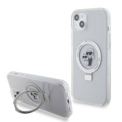 Husa iPhone 15 Plus Karl Lagerfeld Hardcase Ring Stand MagSafe, Karl&Choupette, alb, KLHMP15MHMRSKCH