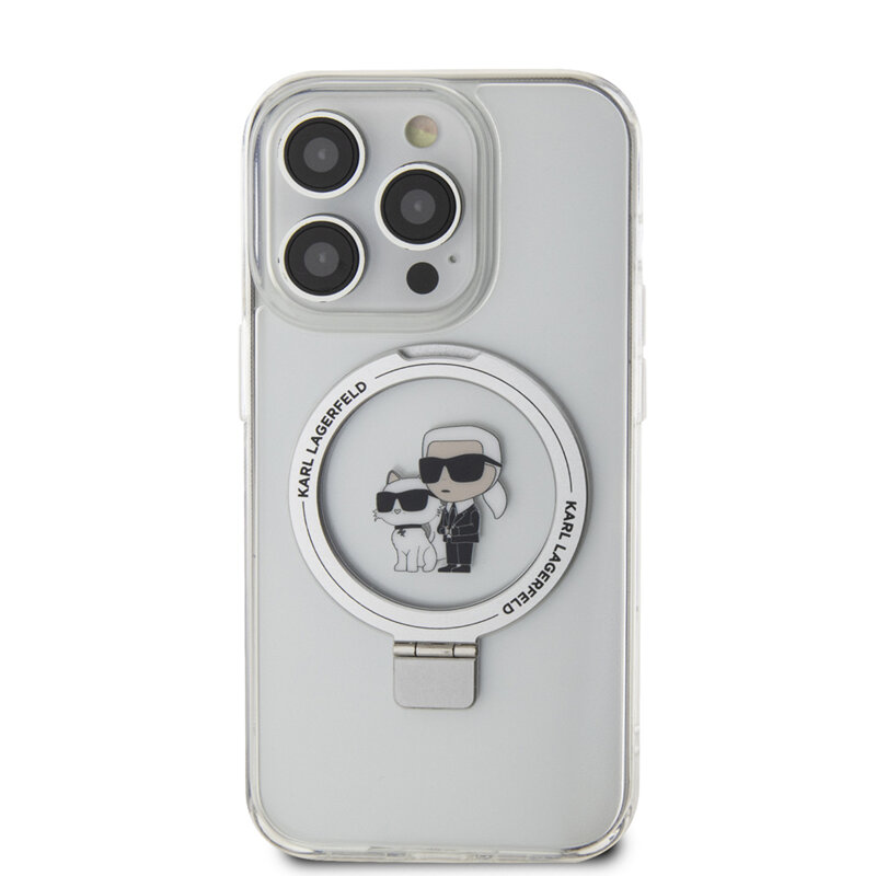 Husa iPhone 14 Pro Max Karl Lagerfeld Hardcase Ring Stand MagSafe, Karl&Choupette, alb, KLHMP14XHMRSKCH