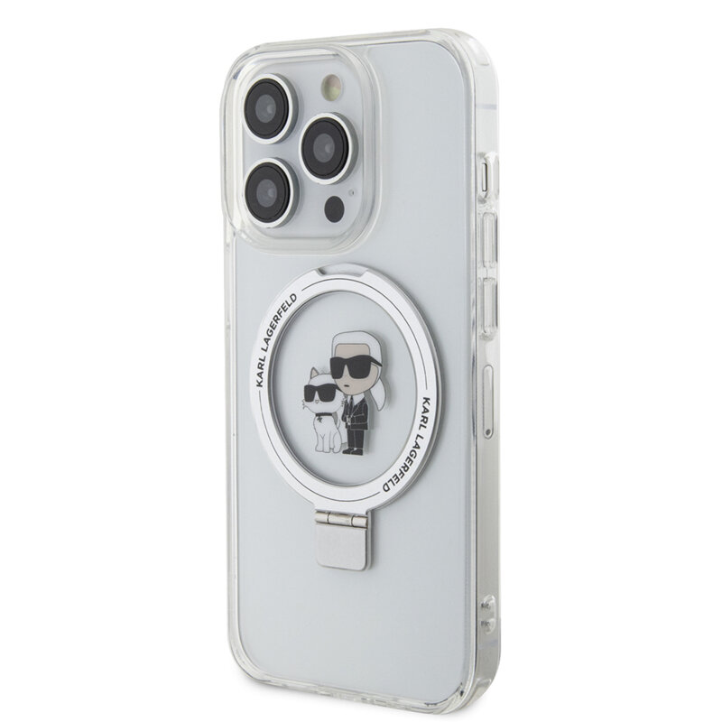 Husa iPhone 14 Pro Max Karl Lagerfeld Hardcase Ring Stand MagSafe, Karl&Choupette, alb, KLHMP14XHMRSKCH