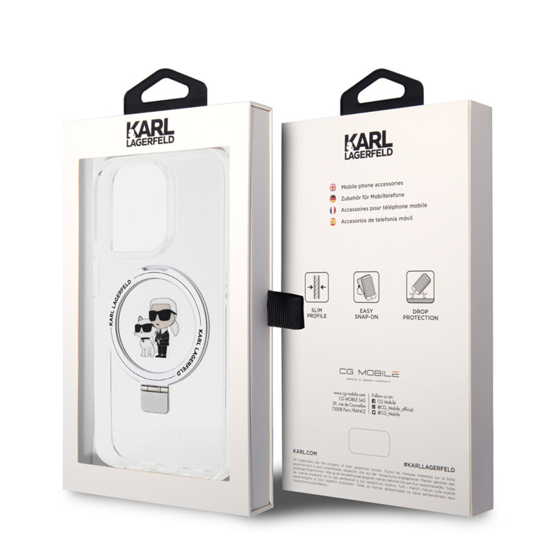 Husa iPhone 14 Pro Max Karl Lagerfeld Hardcase Ring Stand MagSafe, Karl&Choupette, alb, KLHMP14XHMRSKCH