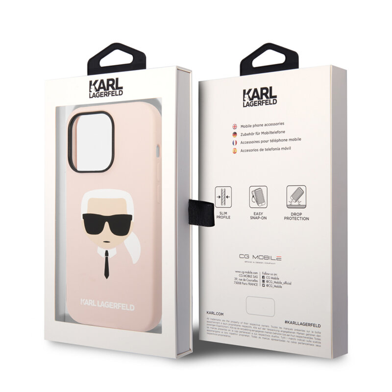 Husa Karl Lagerfeld iPhone 14 Pro Max Silicone MagSafe, Karl`s Head, roz deschis, KLHMP14XSLKHLP