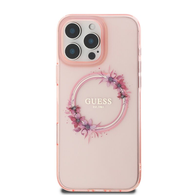 Husa iPhone 16 Pro Max originala Guess IML Flowers Wreath MagSafe, roz, GUHMP16XHFWFCP