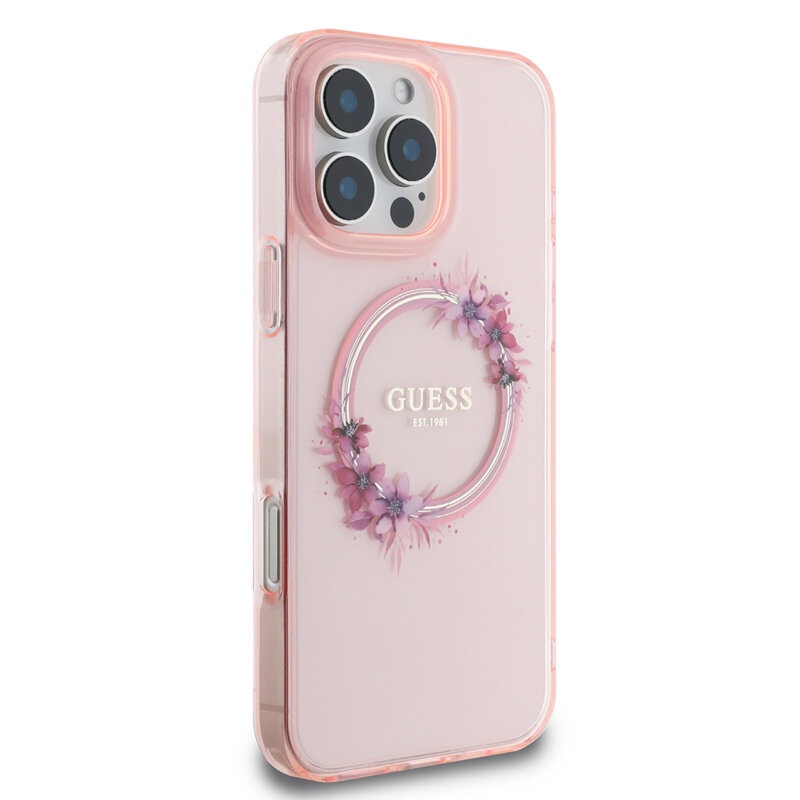Husa iPhone 16 Pro Max originala Guess IML Flowers Wreath MagSafe, roz, GUHMP16XHFWFCP