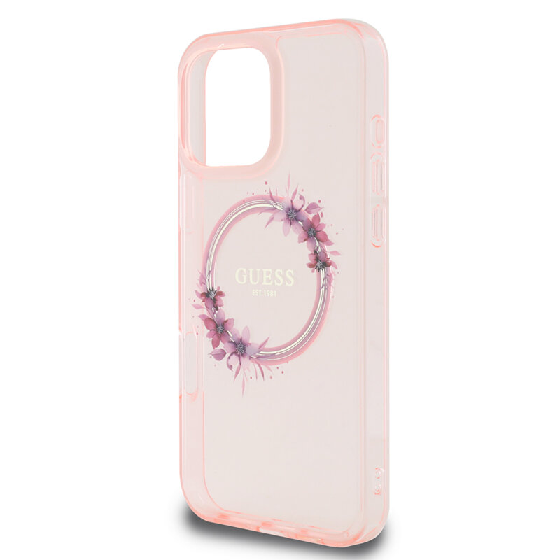 Husa iPhone 16 Pro Max originala Guess IML Flowers Wreath MagSafe, roz, GUHMP16XHFWFCP