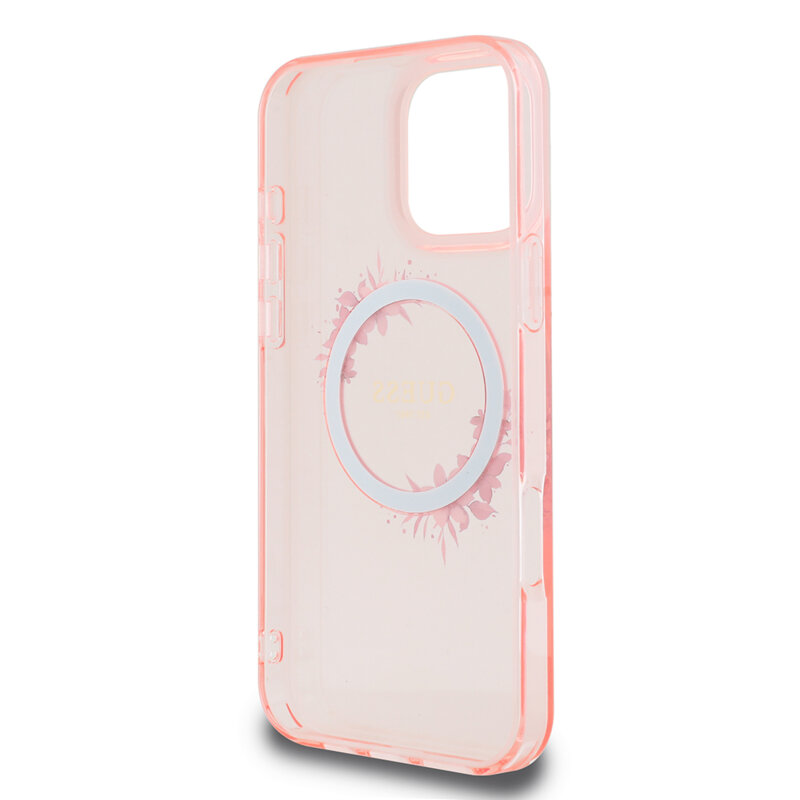 Husa iPhone 16 Pro Max originala Guess IML Flowers Wreath MagSafe, roz, GUHMP16XHFWFCP
