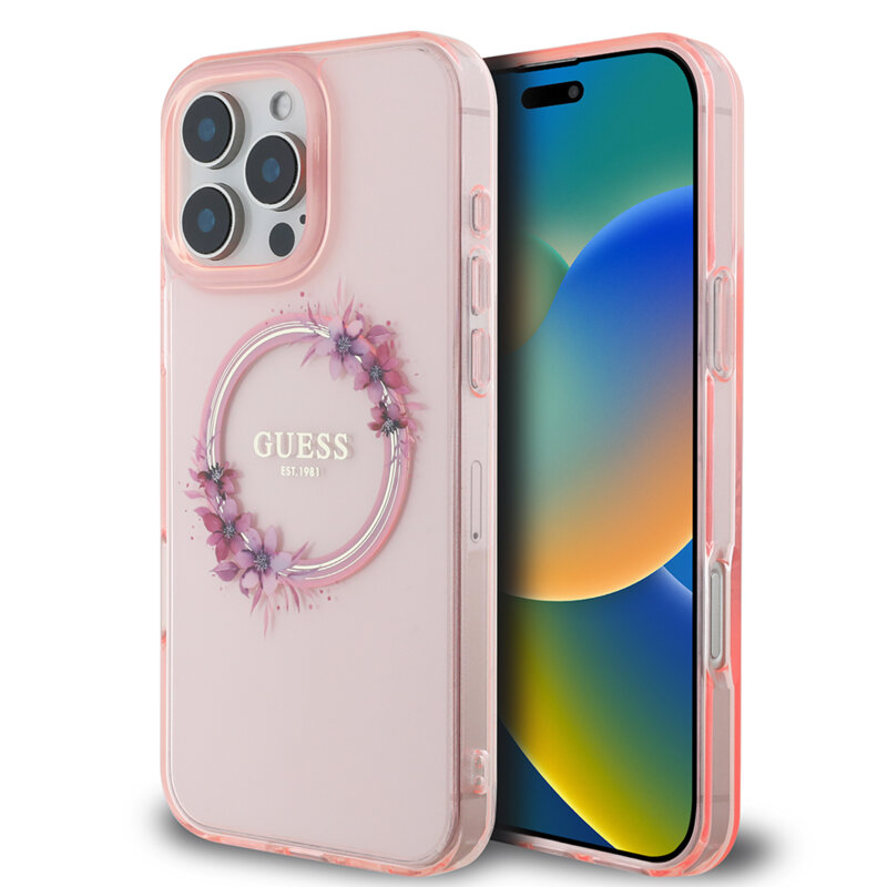 Husa iPhone 16 Pro originala Guess IML Flowers Wreath MagSafe, roz, GUHMP16LHFWFCP
