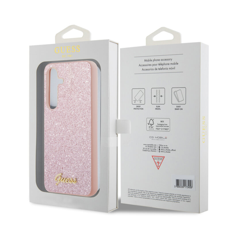 Husa Guess Glitter Script Samsung Galaxy S24 cu sclipici, roz, GUHCS24SHGGSHP
