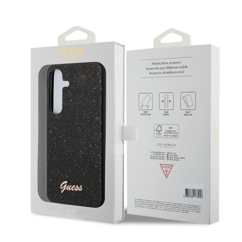 Husa Guess Glitter Script Samsung Galaxy S24 cu sclipici, negru, GUHCS24SHGGSHK