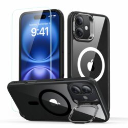 [Pachet 360°] Husa + folie iPhone 16 ESR Classic Hybrid HaloLock Kickstand, negru/transparenta