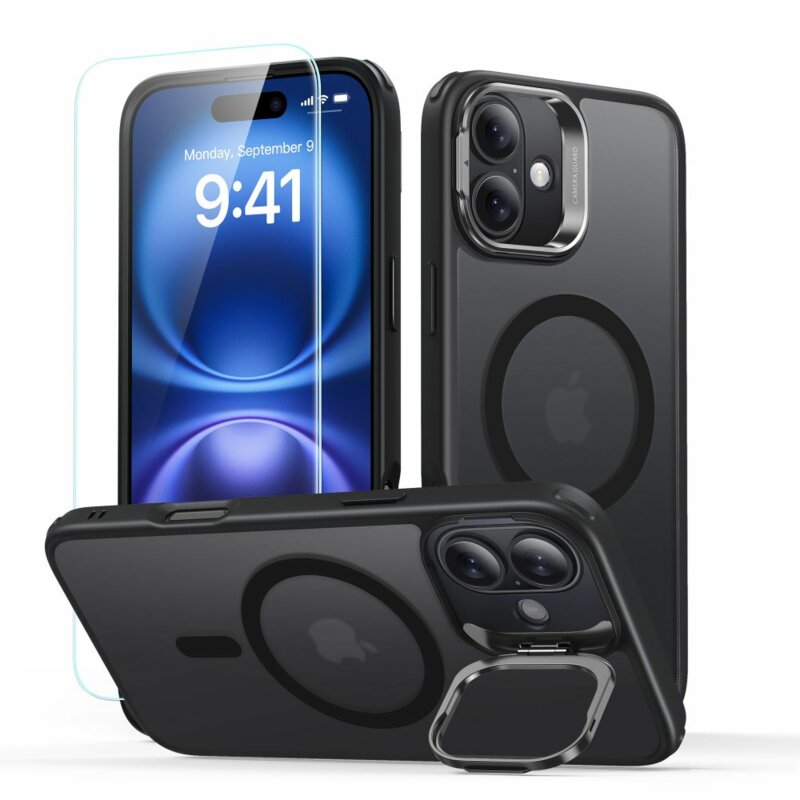 [Pachet 360°] Husa + folie iPhone 16 ESR Classic Hybrid HaloLock Kickstand, negru frost