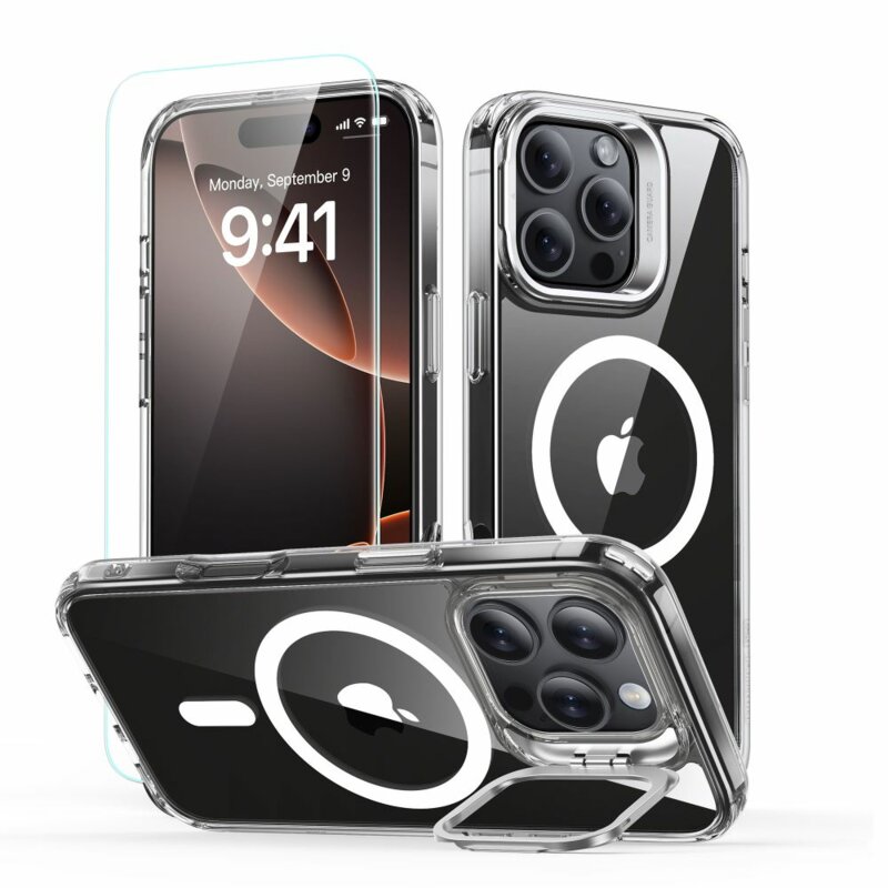[Pachet 360°] Husa + folie iPhone 16 Pro Max ESR Classic Hybrid HaloLock Kickstand, transparenta
