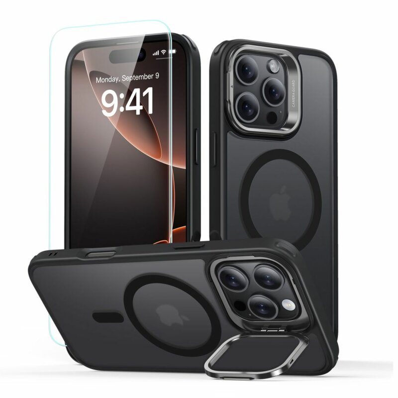 [Pachet 360°] Husa + folie iPhone 16 Pro Max ESR Classic Hybrid HaloLock Kickstand, negru frost