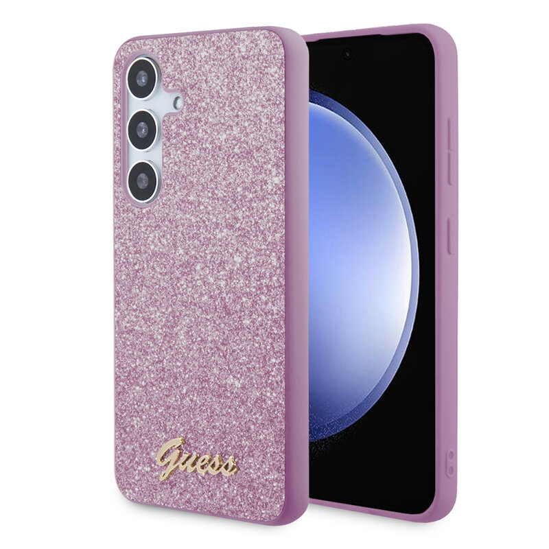 Husa Guess Glitter Script Samsung Galaxy S24 cu sclipici, mov, GUHCS24SHGGSHU