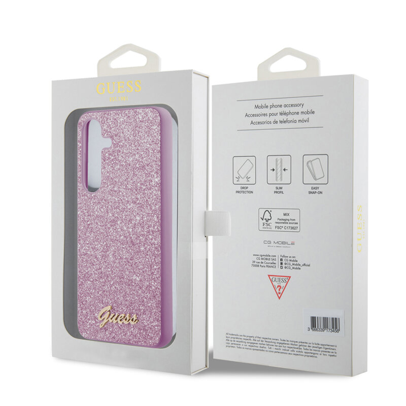 Husa Guess Glitter Script Samsung Galaxy S24 cu sclipici, mov, GUHCS24SHGGSHU