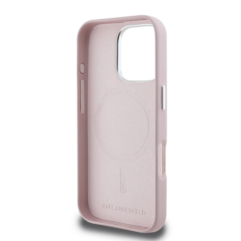 Husa iPhone 16 Pro Max Karl Lagerfeld Leather MagSafe, FW Metal Plate, roz, KLHMP16XPGMSRPP
