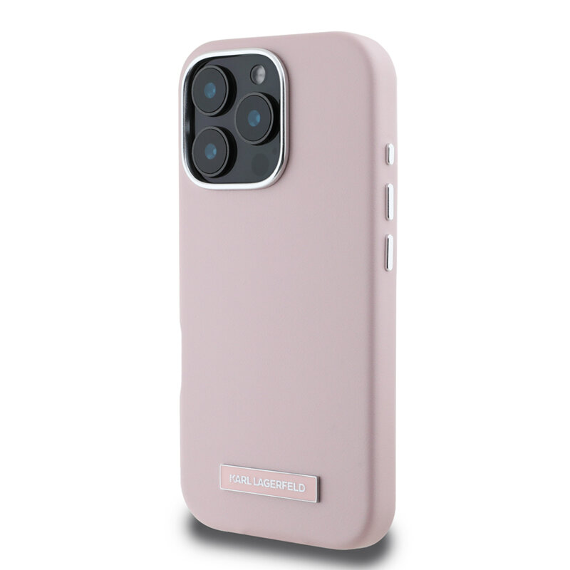 Husa iPhone 16 Pro Max Karl Lagerfeld Leather MagSafe, FW Metal Plate, roz, KLHMP16XPGMSRPP