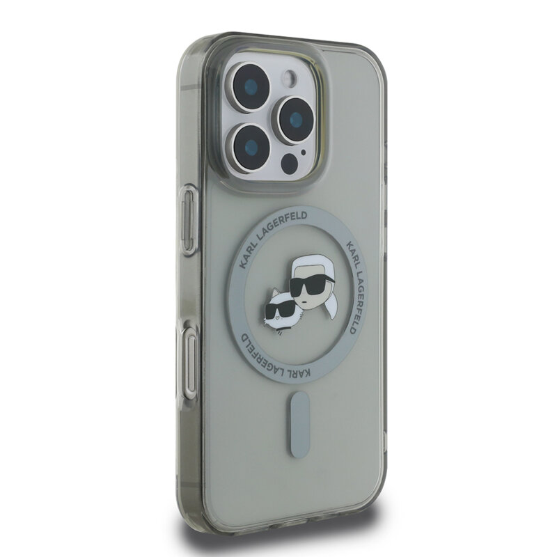 Husa iPhone 16 Pro Max Karl Lagerfeld IML MagSafe, Metal Karl&Choupette Head, negru, KLHMP16XHLSKCK