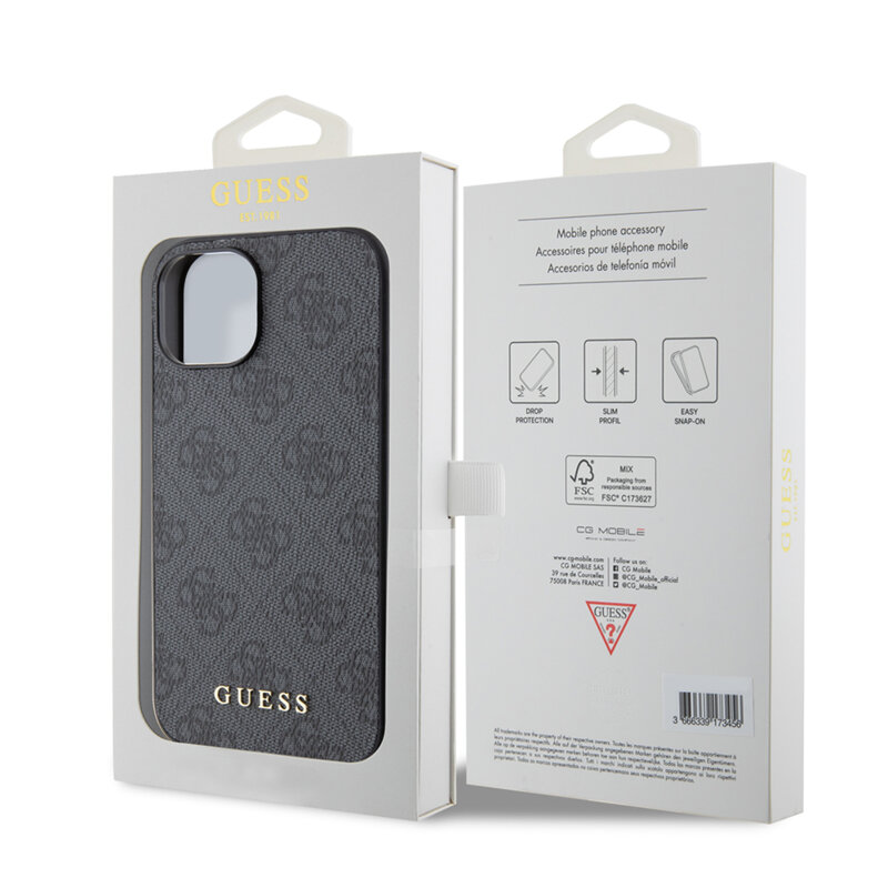 Husa originala Guess iPhone 15 Hardcase 4G Metal Gold Logo, gri, GUHCP15SG4GFGR