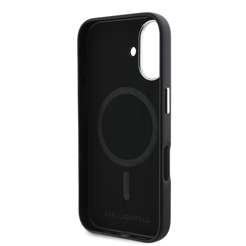 Husa iPhone 16 Plus Karl Lagerfeld Leather MagSafe, FW Metal Plate, negru, KLHMP16MPGMSRPK