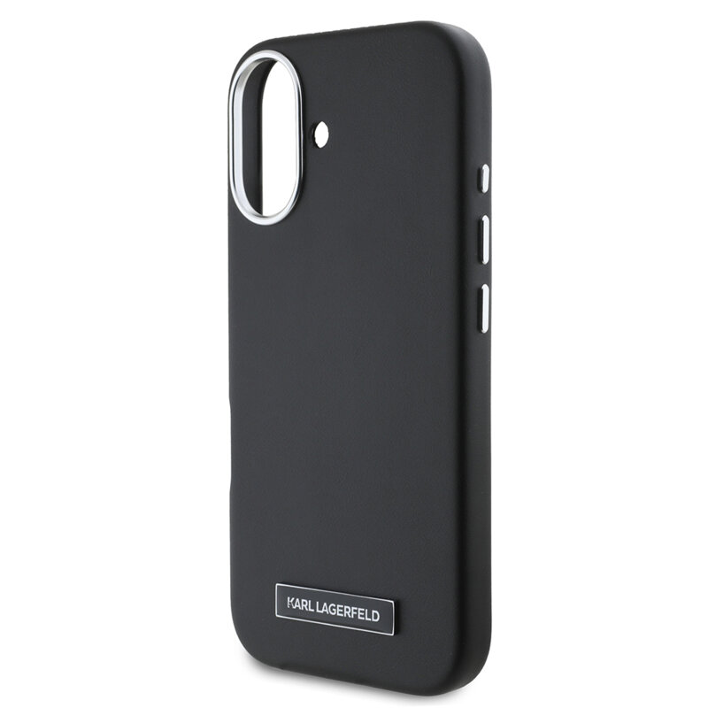 Husa iPhone 16 Plus Karl Lagerfeld Leather MagSafe, FW Metal Plate, negru, KLHMP16MPGMSRPK