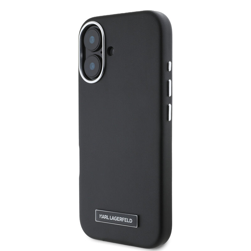 Husa iPhone 16 Plus Karl Lagerfeld Leather MagSafe, FW Metal Plate, negru, KLHMP16MPGMSRPK
