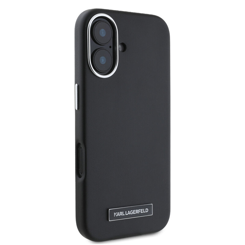 Husa iPhone 16 Plus Karl Lagerfeld Leather MagSafe, FW Metal Plate, negru, KLHMP16MPGMSRPK