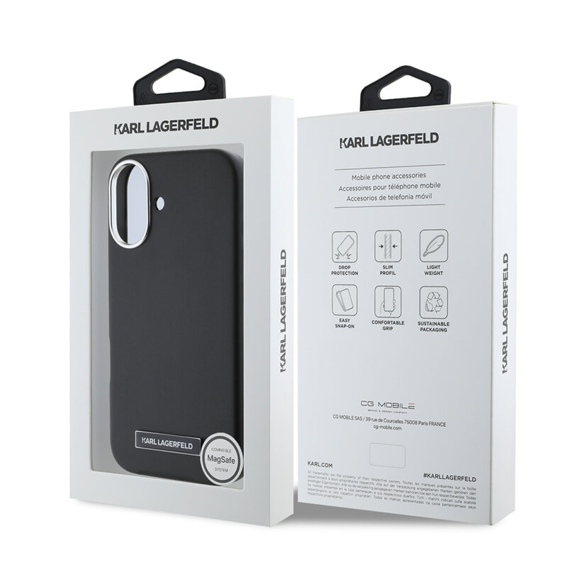 Husa iPhone 16 Plus Karl Lagerfeld Leather MagSafe, FW Metal Plate, negru, KLHMP16MPGMSRPK