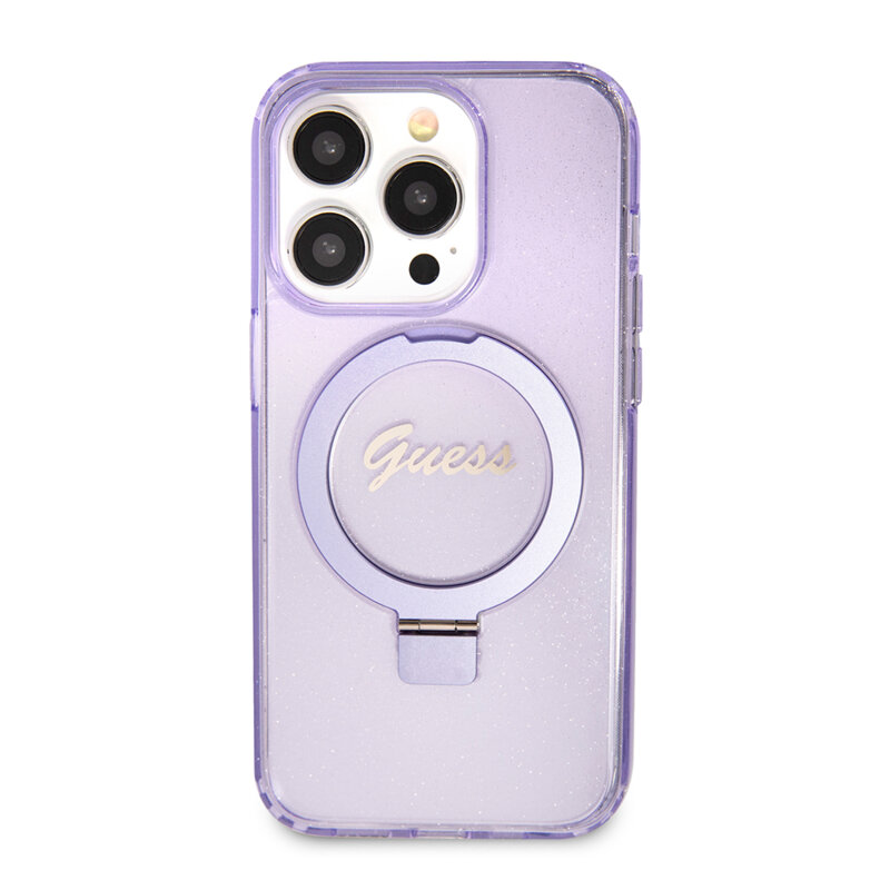 Husa Guess iPhone 15 Pro Max Ring Stand Script Glitter MagSafe, mov, GUHMP15XHRSGSU