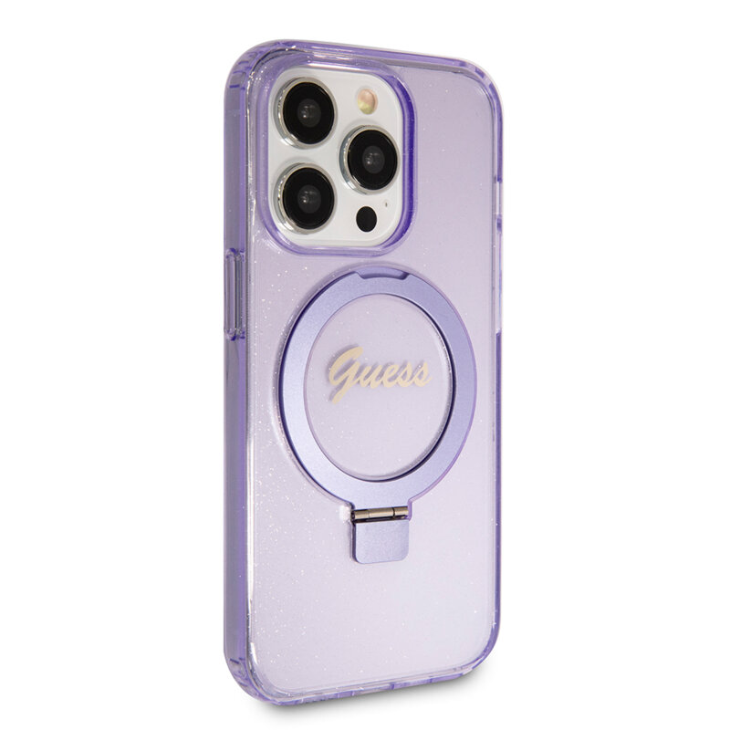 Husa Guess iPhone 15 Pro Max Ring Stand Script Glitter MagSafe, mov, GUHMP15XHRSGSU